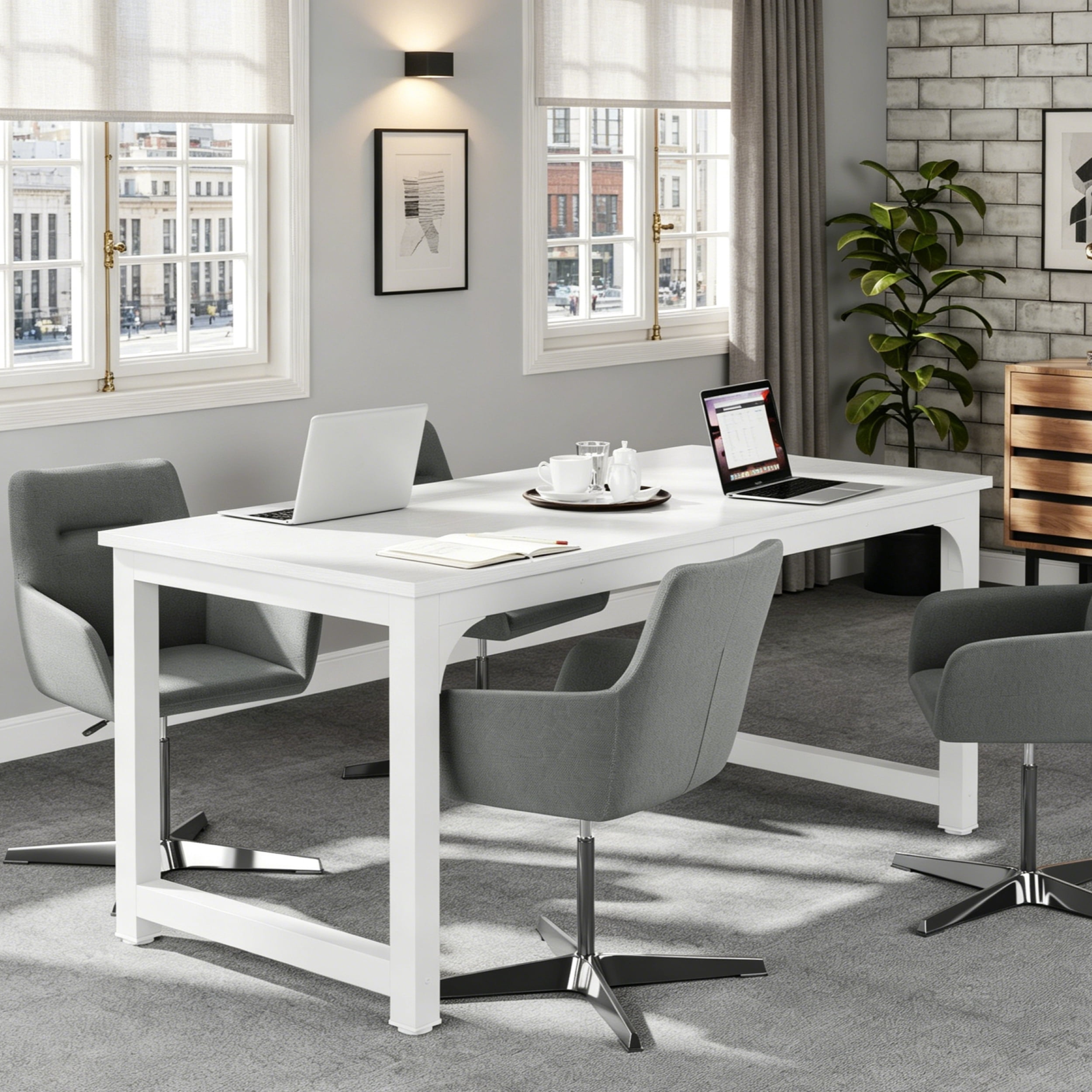 Fnova 63'' Executive Desk, Large Home Office Computer Desk with Thickened Metal Frame, Sturdy Writing Table, Multipurpose for Dining, Conference & Home Office