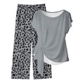 thumbnail image 2 of Maqroz Womens Summer Sets 2 Piece Outfits Print Tie Waist Short Sleeve Crew Neck Top and Long Pants Set Loose Summer Vacation Sets Gray S, 2 of 5