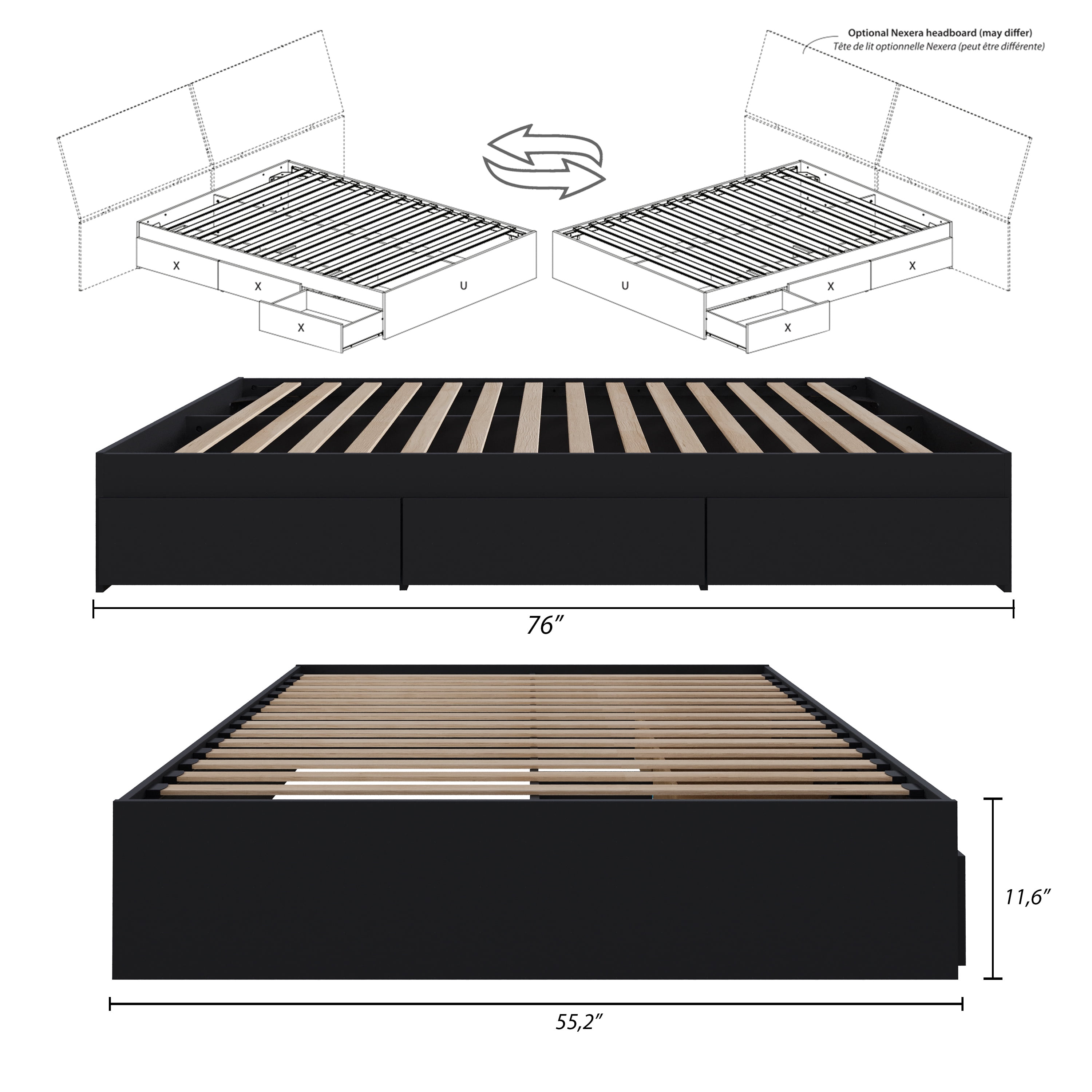 Nexera Full Size Storage Wood Bed Frame with 3 Drawers, Black