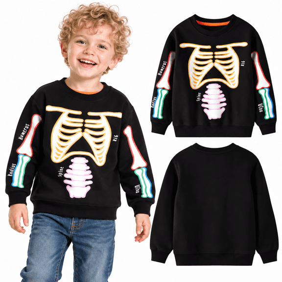 HILEELANG Boys Skeleton Graphic Black Sweatshirt, Sizes 2-7 Years