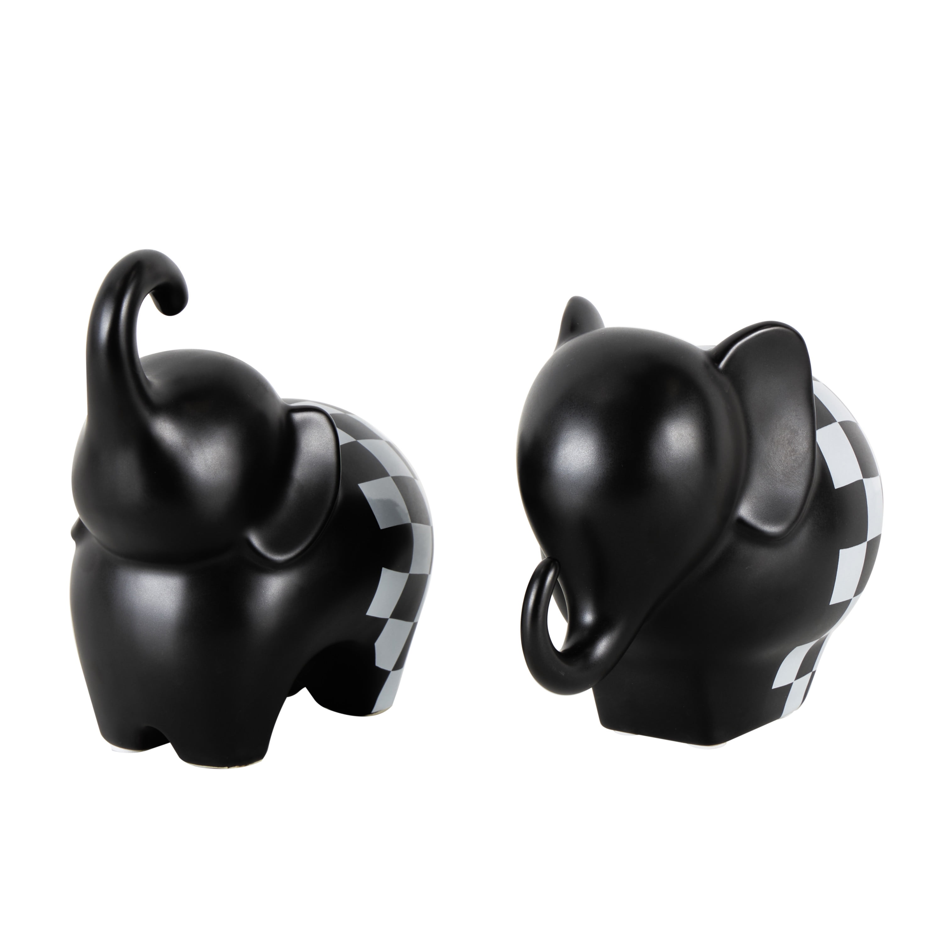 6", 7"H Black Ceramic Small Elephant Sculpture with Checkered Pattern, by DecMode (2 Count)
