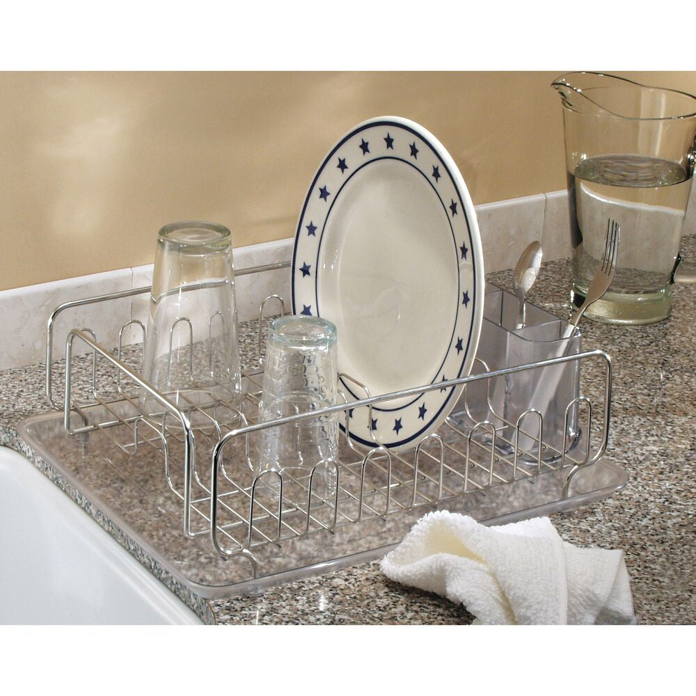 iDesign, Stainless Steel Sink Dish Drainer Rack with Tray Kitchen Drying Rack, Clear