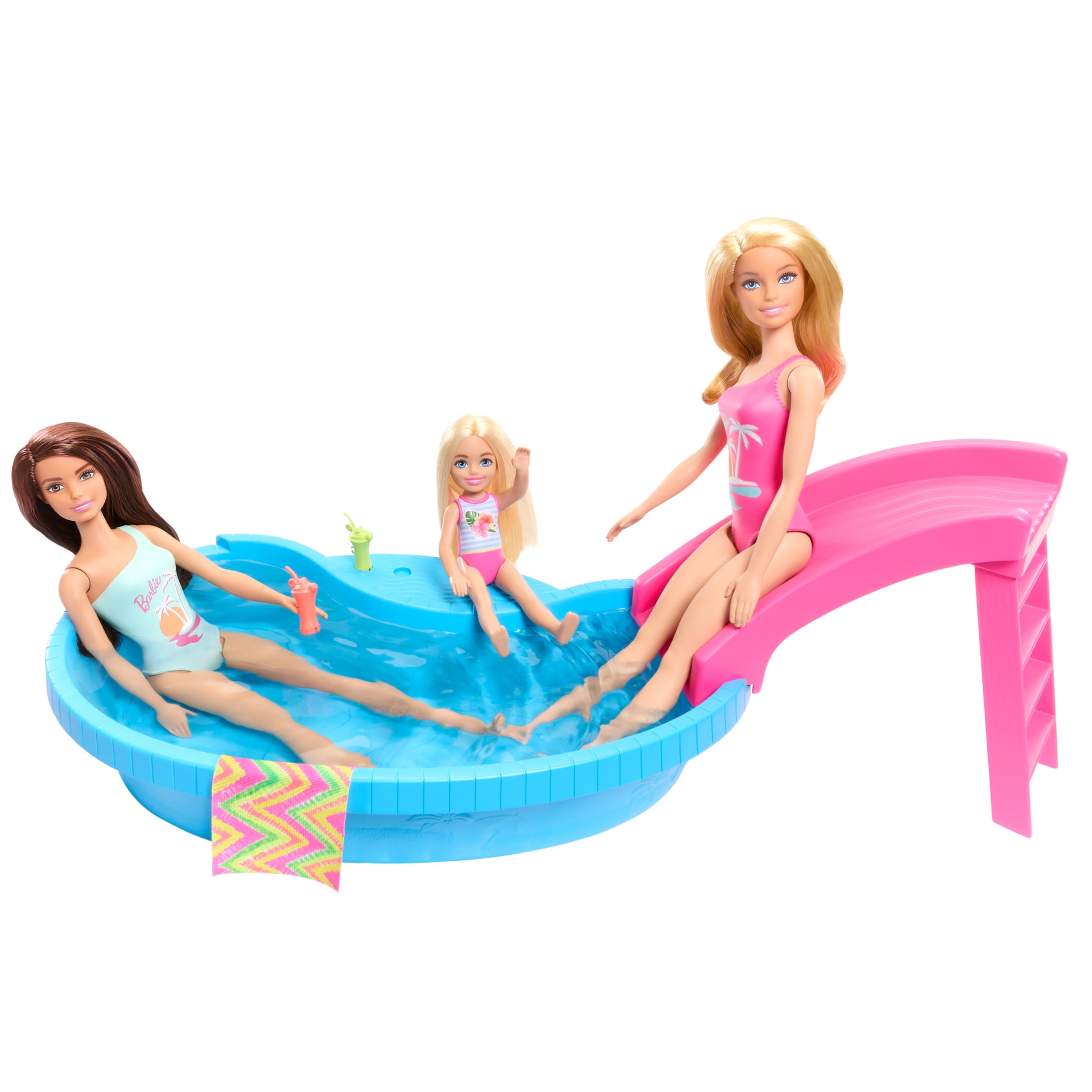 Barbie Doll and Pool Playset, Blonde with Pool, Slide, Towel and Drink Accessories, Multicolor