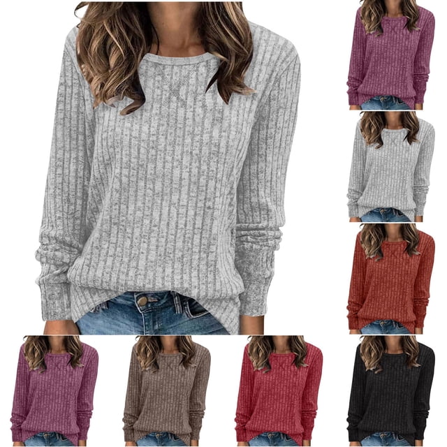 Fanxing Hauts pour Femmes T-Shirt Col Rond Élastique Tunique Ourlet Fendu Hauts d'Hiver pour Dames Kaki,m