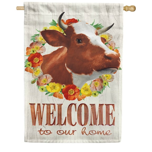 America Forever Welcome to Our Home Summer House Flag 28 x 40 inches Floral Wreath Happy Cow Farm Animal Double Sided Seasonal Yard Outdoor Decorative Rustic Cow Flower House Flag