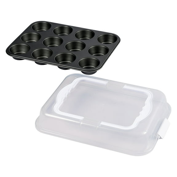 Mainstays 12 Cup Muffin Pan with Covered Carrier, Carbon Steel Bakeware, Plastic Cover