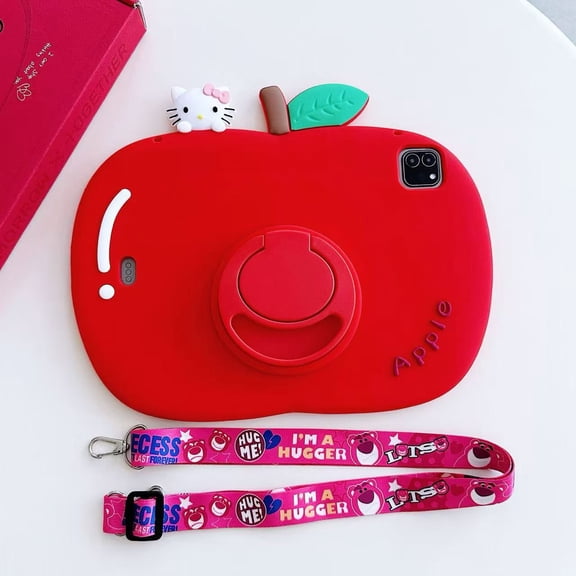 Cute Red Apple Shape iPad Case with Kitty Decor, Silicone Protective Cover with Stand & Crossbody Strap
