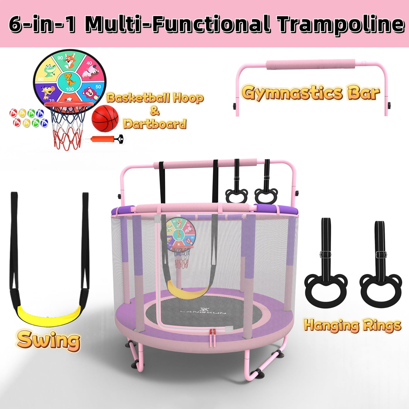 LANGXUN 60" Trampoline for Kids, 5ft Toddler Mini 6-in-1 Trampoline Indoor Outdoor with Swing, Basketball Hoop, Dart Board, Gymnastics Bar, Rings, Christmas Toys Birthday Gifts for Girls Boys Age 1-8