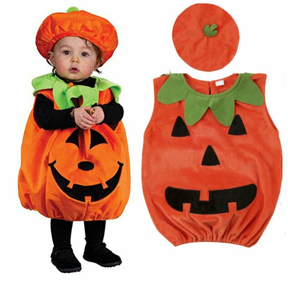 0-3 Ans Bébé Citrouille Imprimé Sans Manches Barboteuse Combinaison Hauts+chapeau Vêtements de Cosplay d'Halloween