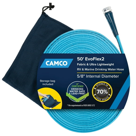 Camco EvoFlex2 50-Foot RV Drinking Water Hose - 5/8-Inch Inner Diameter, Blue (22579)