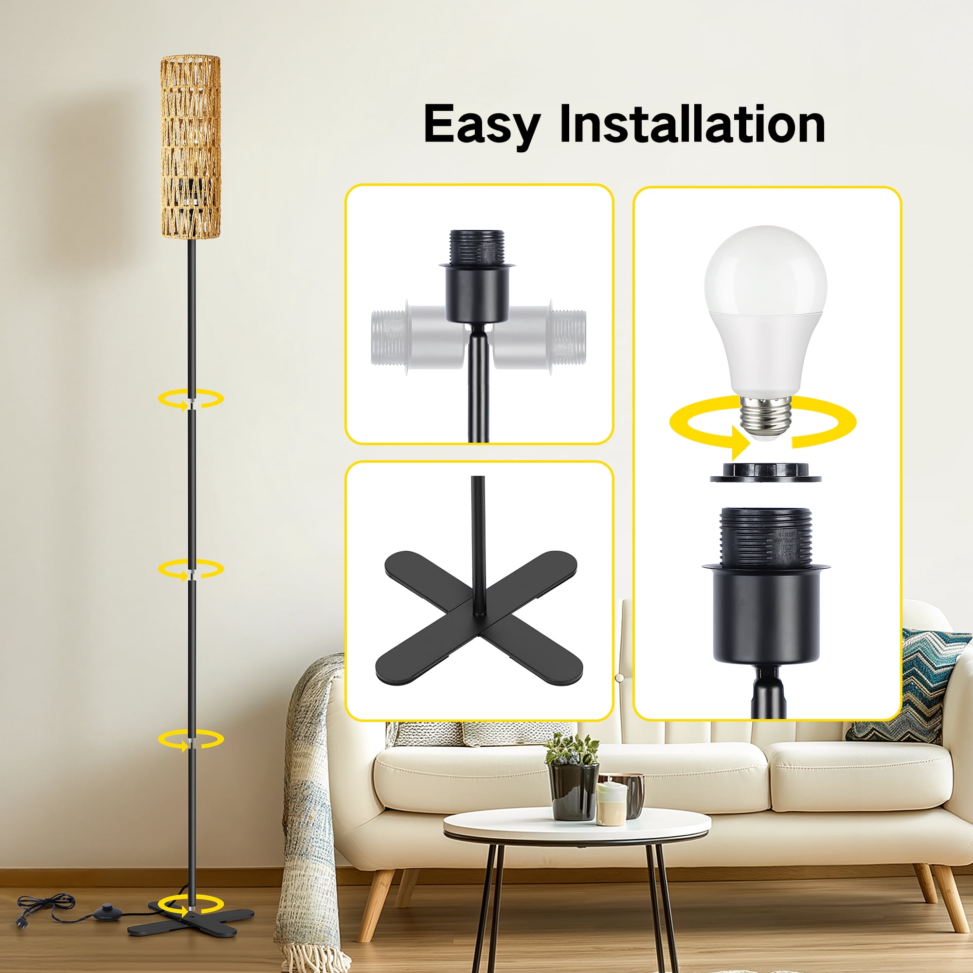 OUTON  Floor Lamps for Living Room Clearance, Dimmable, Minimalist Pole Lighting for Bedroom, Office, Kids Room, Bulb Included,  Rattan