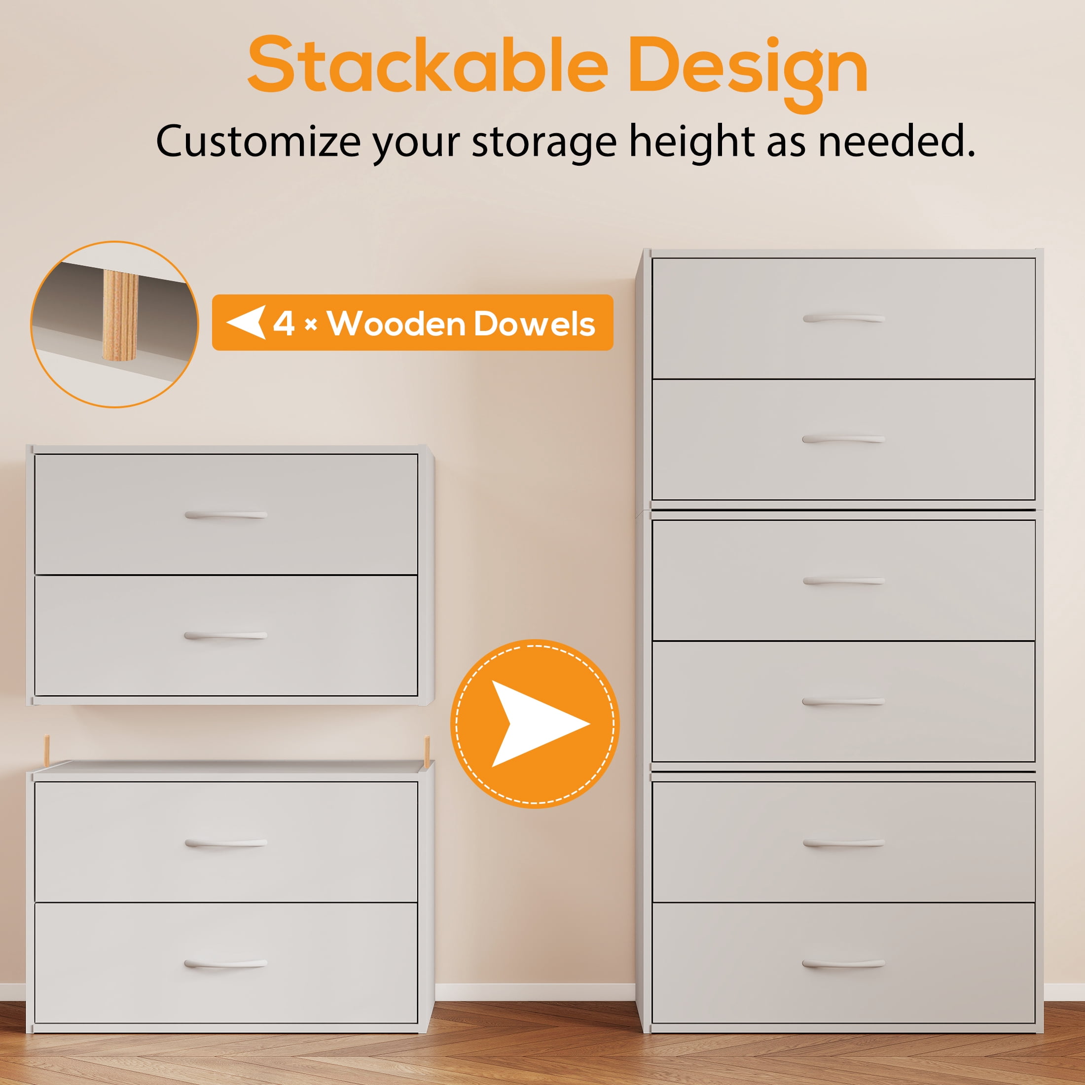 Prilinex 2-Drawer Dresser Set of 4, Stackable Wood Storage Chest with Anti-Tip, Modern Bedside Furniture & Nightstand for Bedroom, Closet Organizer, White Small Dressers