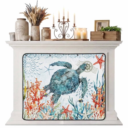 Coastal Turtle Magnetic Fireplace Cover Fireplace Draft Blocker Summer Beach Nautical Coral Starfish Fireplaces Blanket for Heat Loss/Cold Air Fireplaces Draft Stopper Cover for Inside 36 x30