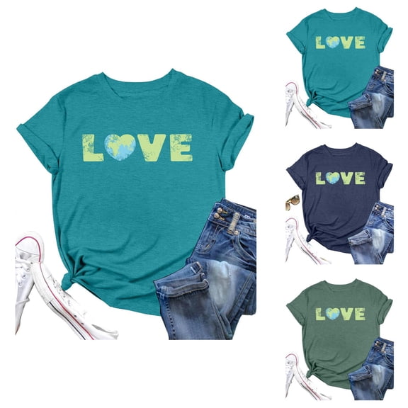 Earth Day T Shirts for Women 2026 Casual Short Sleeve Crewneck Love Letter Graphic Tees