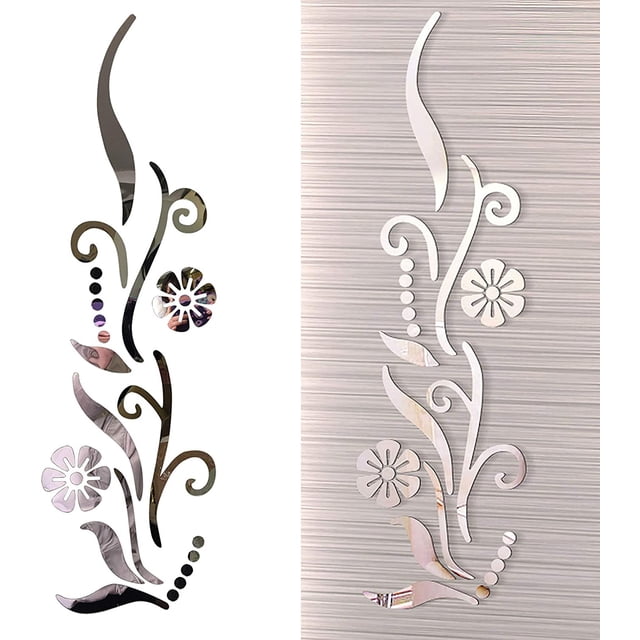Adhesivo de Pared JAMW Flores de Espejo 3D para Dormitorio y Sala de Estar Plata