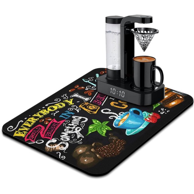 Coffee Bar Mat Accessories for Countertop Absorbent Hide Stain Rubber Backed Dish Drying Mats for Kitchen Counter Draining Pad Decor Gift Fit Under Coffee Maker Coffee Pot Espresso Machine (24x18in)