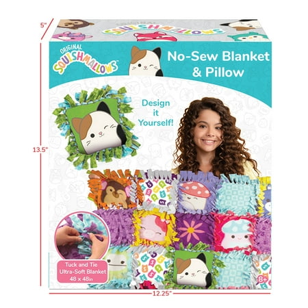 Squishmallows Pattern No-Sew Blanket & Pillow Tween DIY Craft Kit, Multicolor