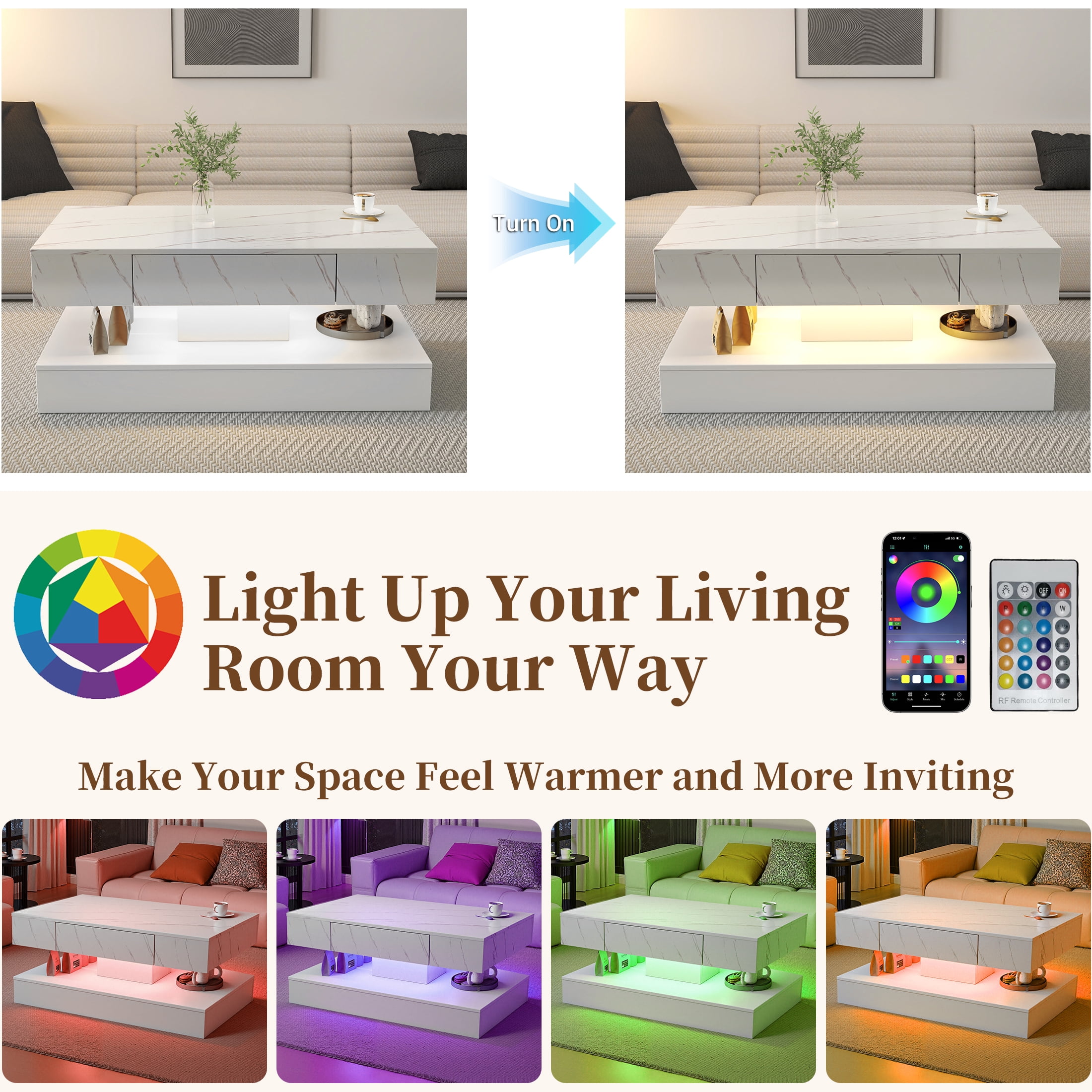 UHOMEPRO White LED Coffee Table with Storage Drawers, 39" Modern High Gloss Center Table with RGB LED Lights, 2-Tier Rectangle Design with Marbling Print for Living Room, White