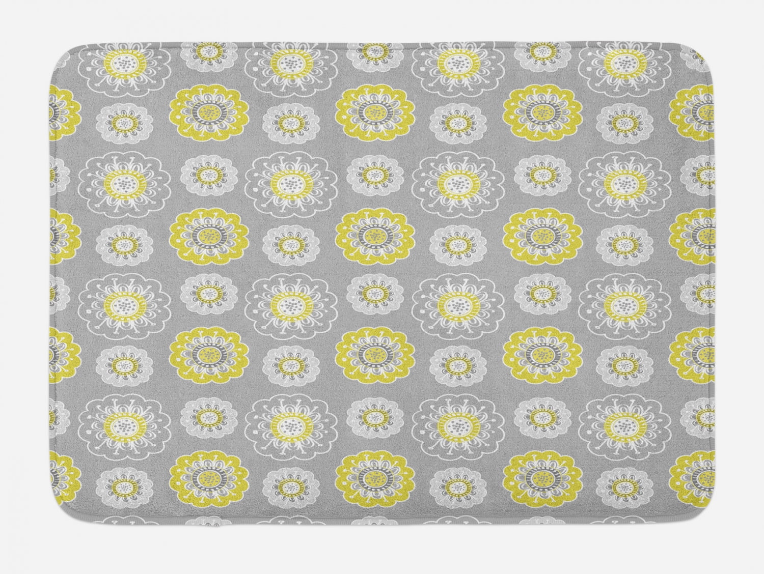 Grey and Yellow Bath Mat, Pale Grey Backdrop with Ethnic Inspired Flowers Ivy Image, NonSlip