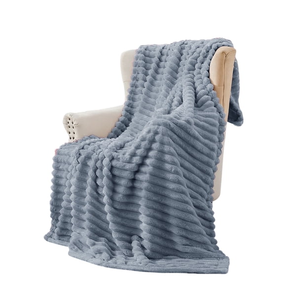 ROSEKIND Striped Blanket, Premium Faux Fur Touch Ribbed Throw for Sofa and Bed, Cozy Gift for Adults and Friends, 60''x80'', Dusty Ocean