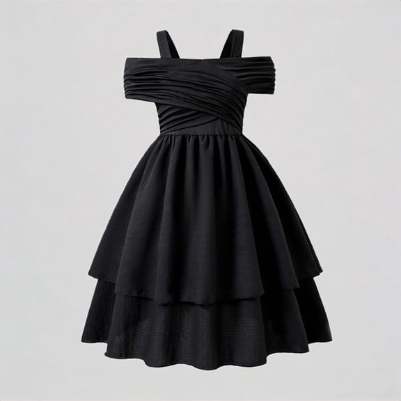 REDARER Girls Off-Shoulder Ruched Bodice Tiered Ruffle Dress Elegant Formal Party Outfit,9 Years