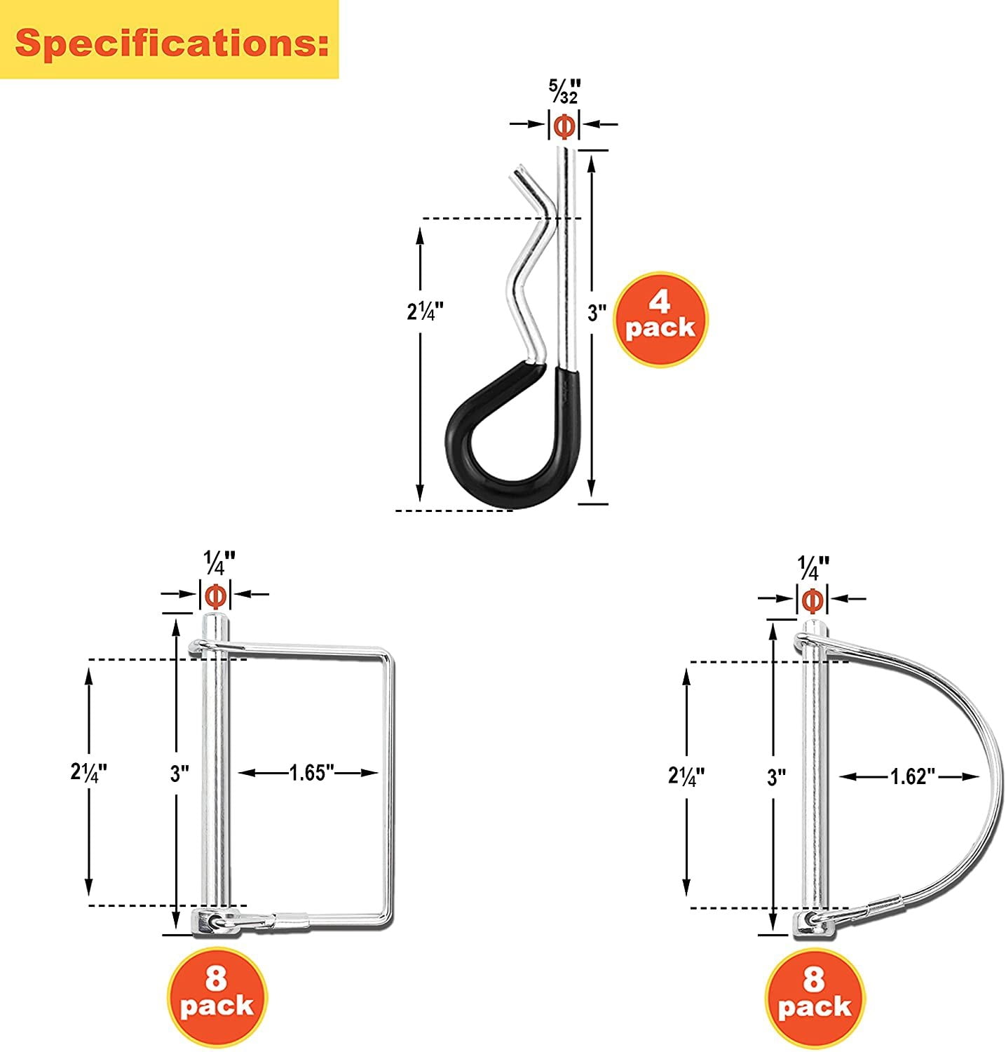 Wellmax 20 Pcs Shaft Locking Pin in 1/4 Diameter Zinc-Plated Heavy Duty Safety Pins, Bonus 4 Pcs Heavy Duty Trailer Hitch Pin for Trailer Lock and Hitch Pin Lock for Farm Lawn Garden Wagons Silver