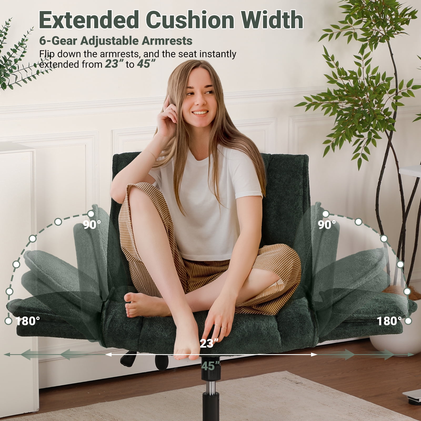 Criss Cross Office Chair with 6-Level Folding Arms and Wheels, Ergonomic Fabric Cross Legged Chair with Dynamic Lumbar Support, Plus Size Swivel Vanity Chair for Home Office, Living Room, Makeup