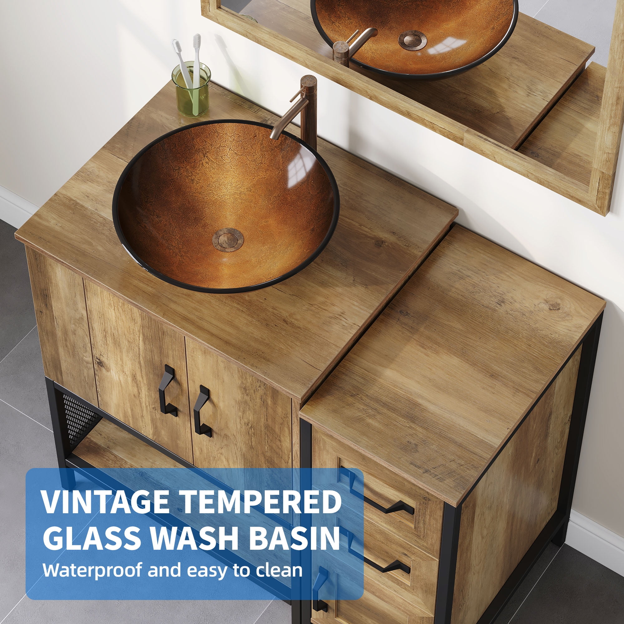 Uforic 35.4 Inch Bathroom Vanity with Countertop Sink, Rustic Free Standing Bathroom Storage Cabinet with Drain, Rustic OAK