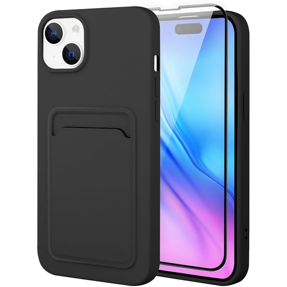 Silicone Compatible with iPhone 15 Case 2023, Card Holder Camera Protection Cover Screen Protector, Card Slot Case Soft TPU Phone Case -Black