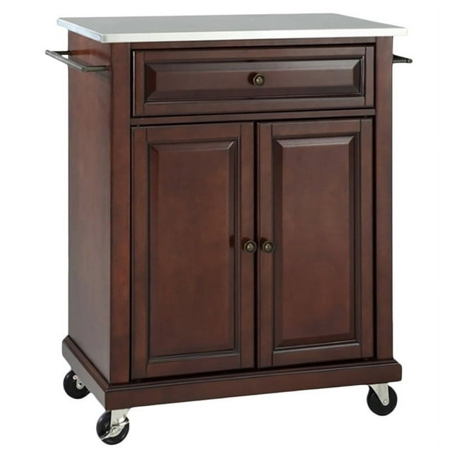 Bowery Hill Traditional Wood Kitchen Cart with Stainless Steel Top in Mahogany