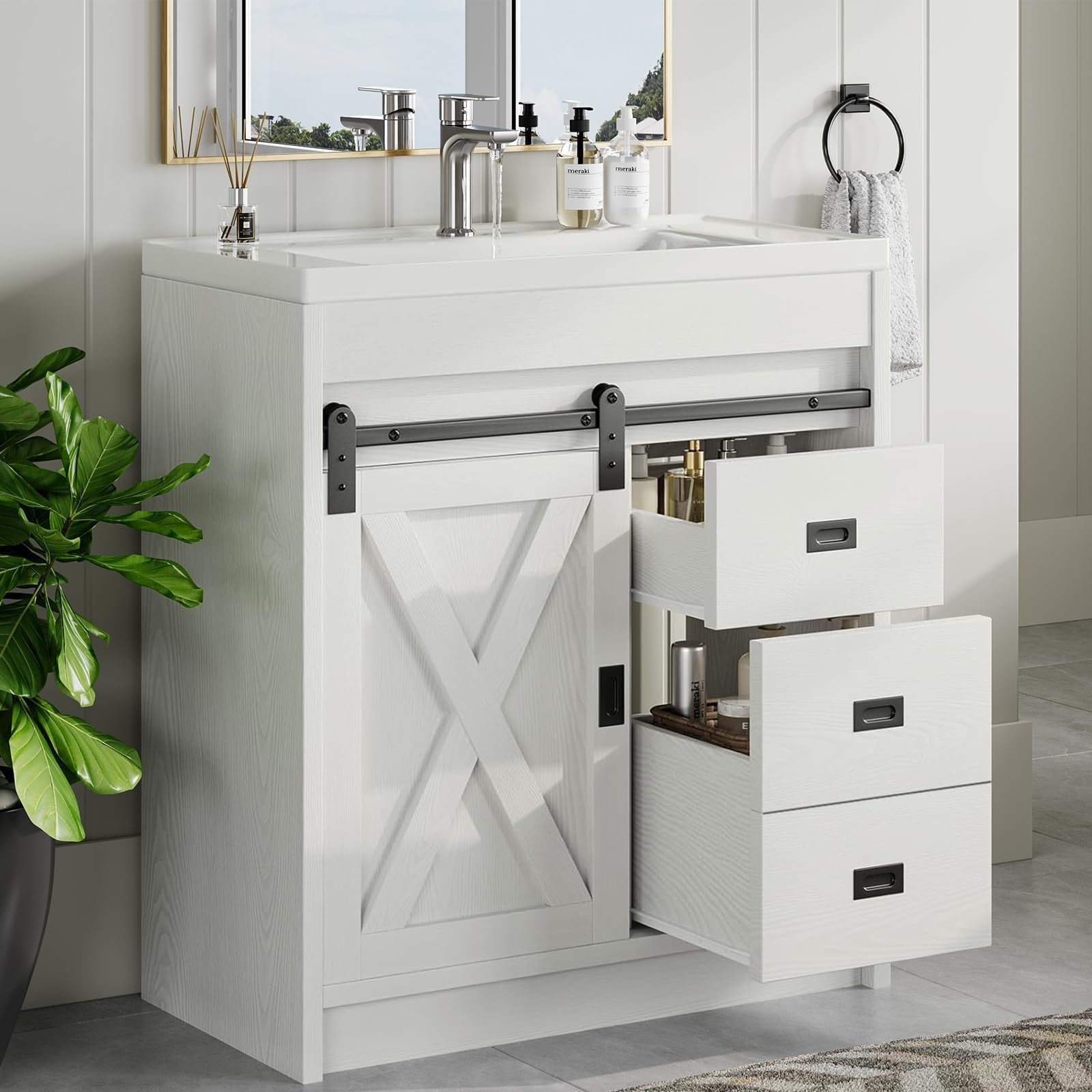 DreamCurship 32" Bathroom Vanity with Sink Combo, White Bathroom Storage Cabinet with Drawers, Farmhouse Bathroom Vanity Cabinet with Sliding Barn Doors, White