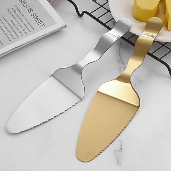 Professional Stainless Steel Cake Server with Serrated Edge, Gold Mirror Finish Pizza Cutter Spatula, Wedding Party Dessert Serving Knife, Multipurpose Cake Slicer for Home Baking