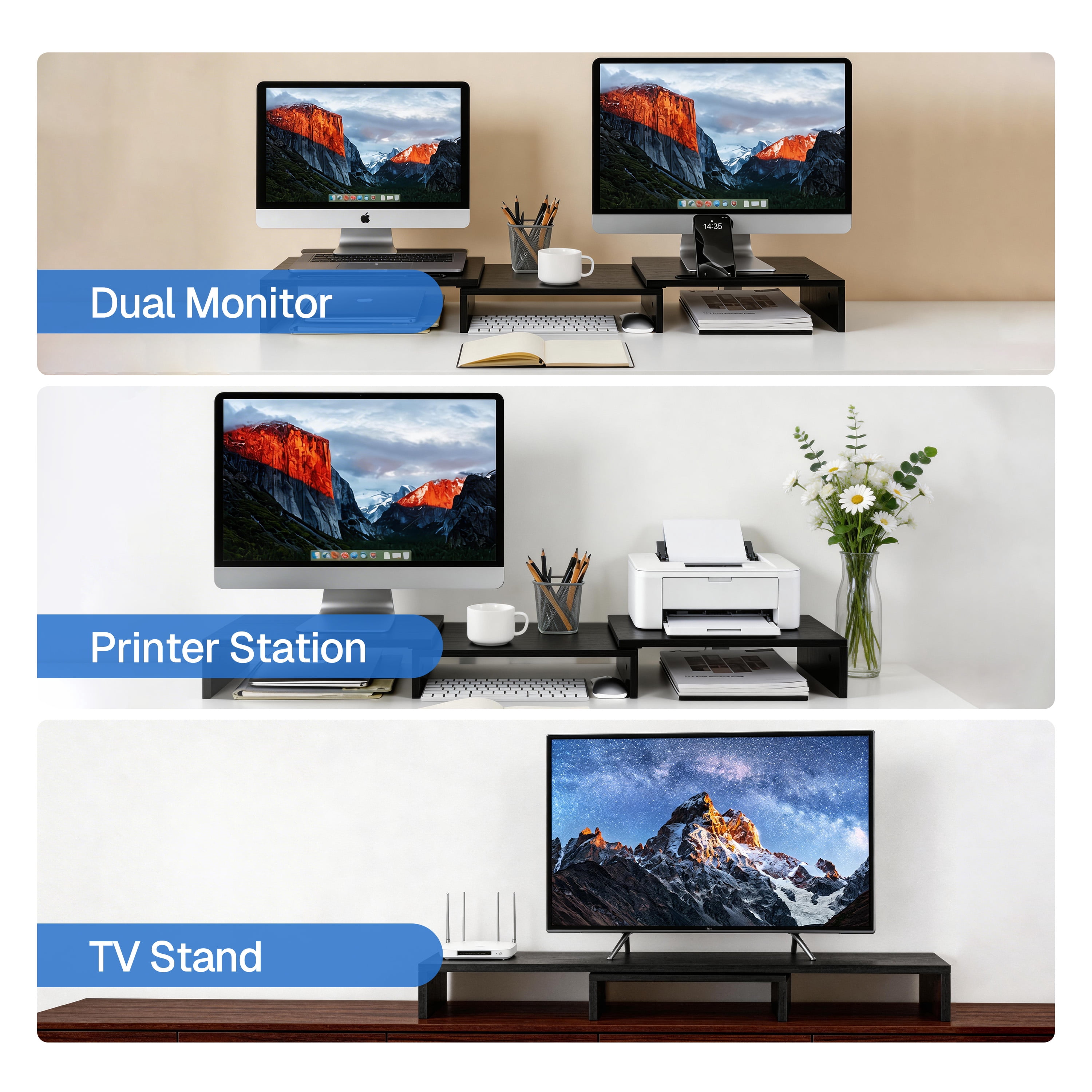 Behome Monitor Riser, Dual Monitor Stand Riser for 2 Monitors, Adjustable Length and Angle with 2 Slot, Computer Monitor Stand for Screen, Computer, Printer (Black)