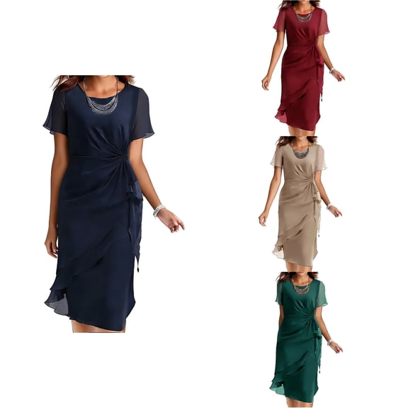 Antinious Summer Dresses for Women,Beach Dresses for Women,Women Round Neck Short Sheer Sleeve Ruched Ruffle Solid Midi Dress,Green,XL