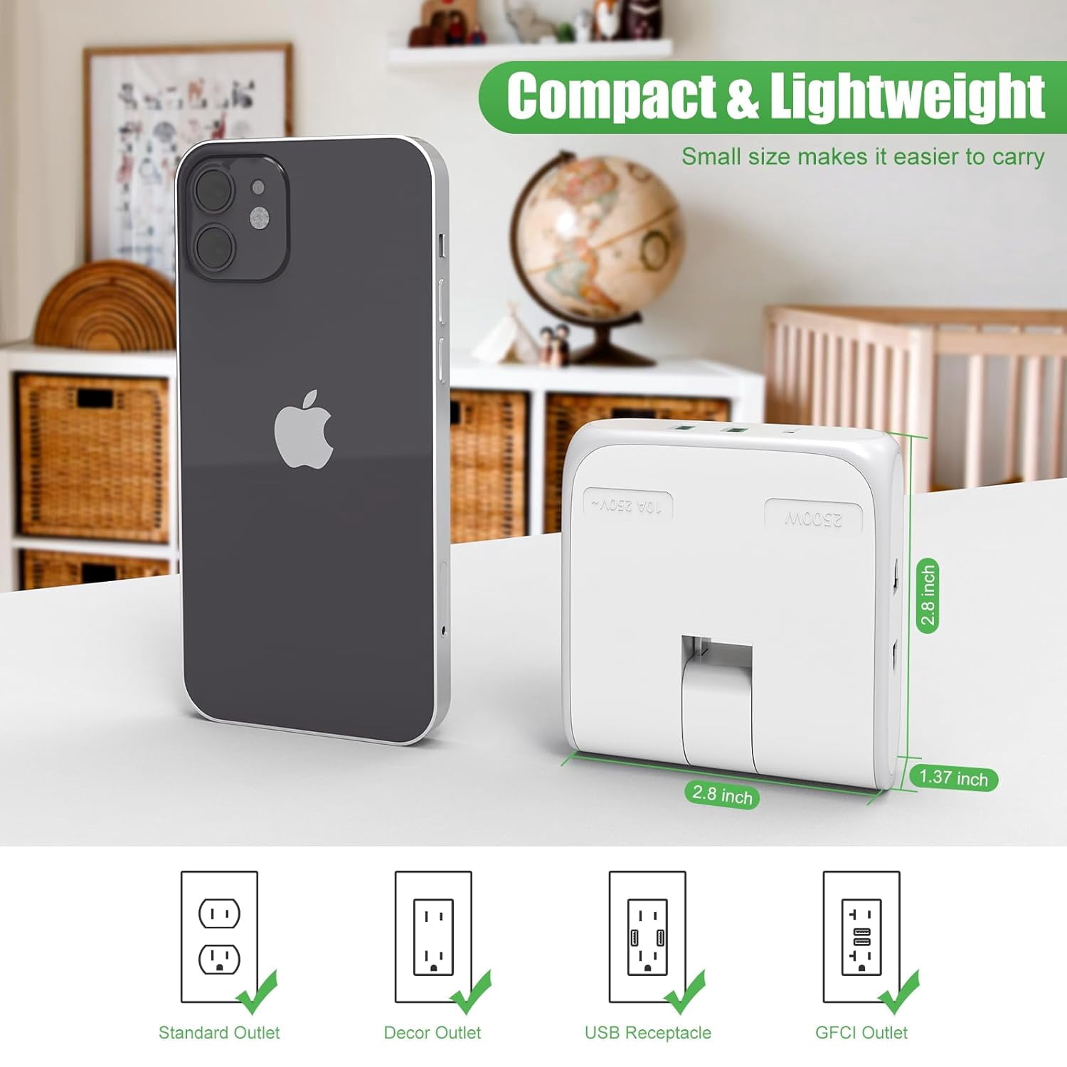 JJEAN-Flat Wall Outlet Extender with USB Charging Ports, 180° Swivel Power Strip 2 USB Ports, 2 Prong Folding Plug for Tight Spaces, Type A Ultra Thin Design (White)