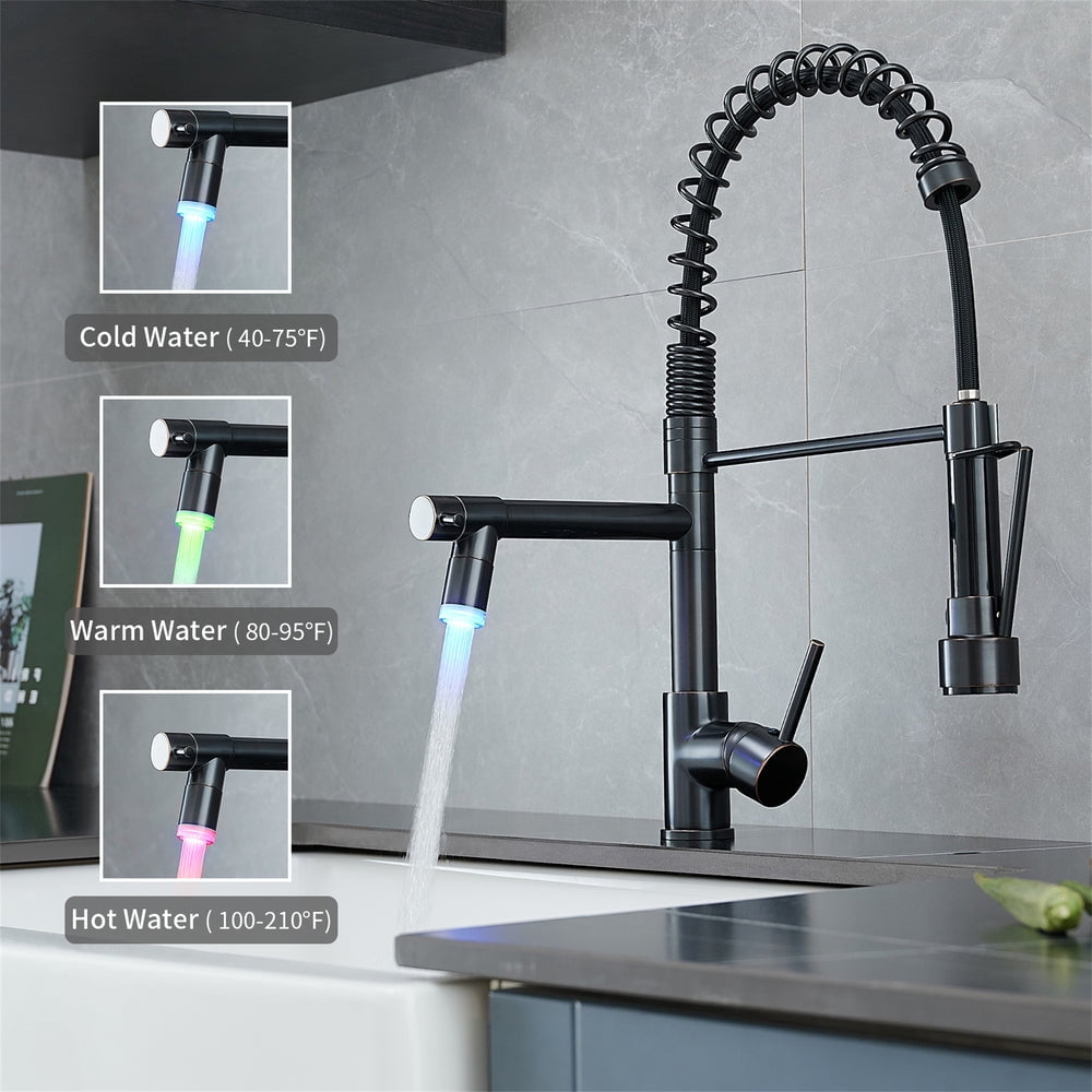 ANGELES HOME LED Kitchen Faucet with Single-Handle, Pull Down Sprayer Kitchen Faucet, Kitchen Sink Faucet with Double Spout in Oil Rubbed Bronze