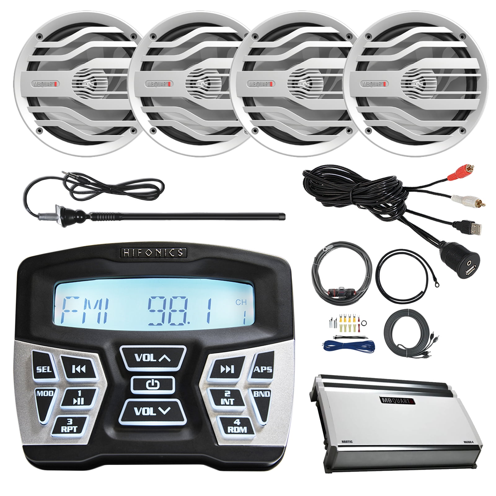 Hifonics Marine Bluetooth AM/FM Gauge Mount Radio Receiver, 4x MB Quart