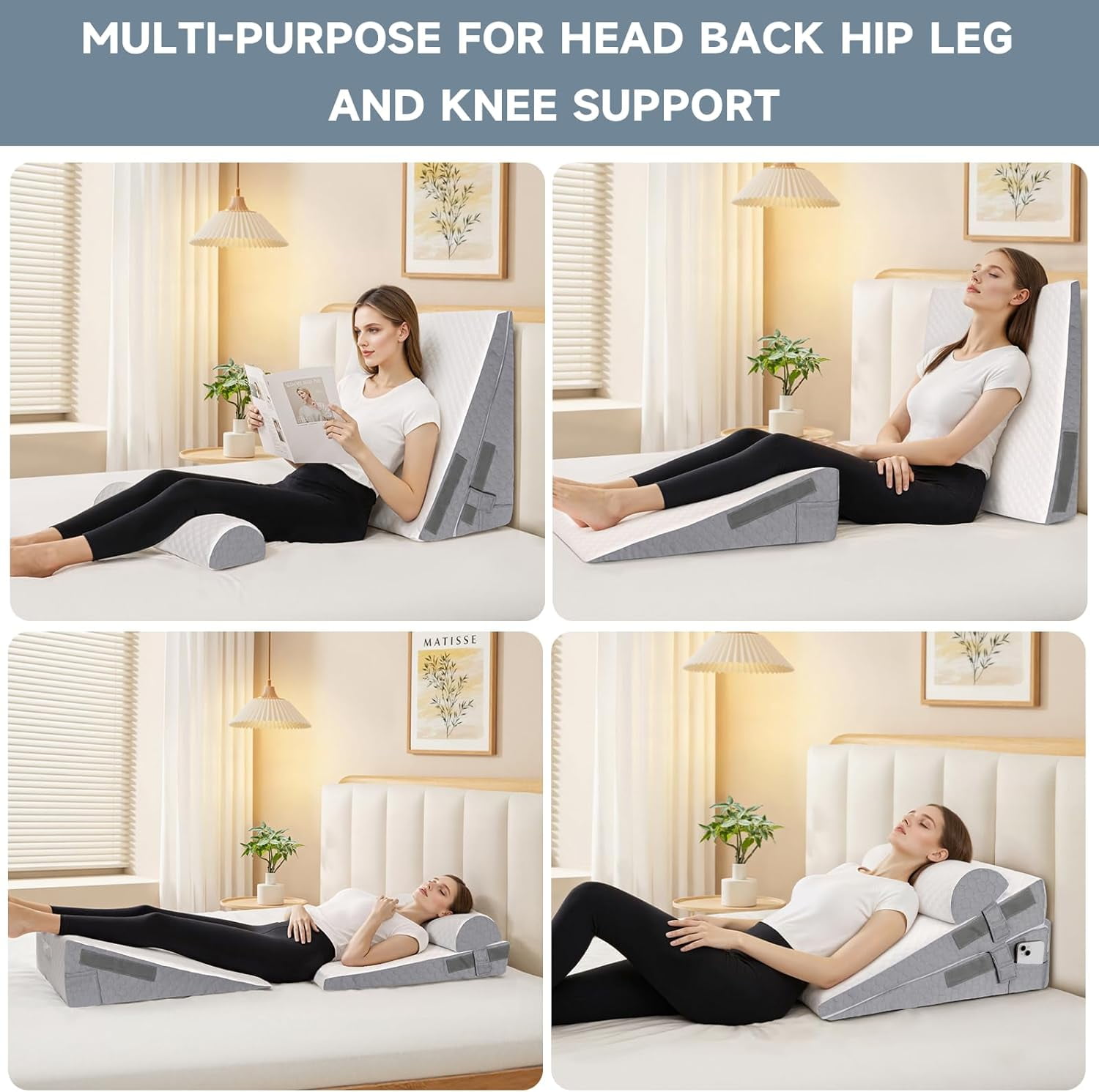 Bed Wedge Pillow for Sleeping, 3 Pcs Adjustable Height 4.5&7.5&12 Inch Triangle Pillow Wedge for Post Surgery, Acid Reflux, Snoring, Legs Pain Relief (Dark Gray)