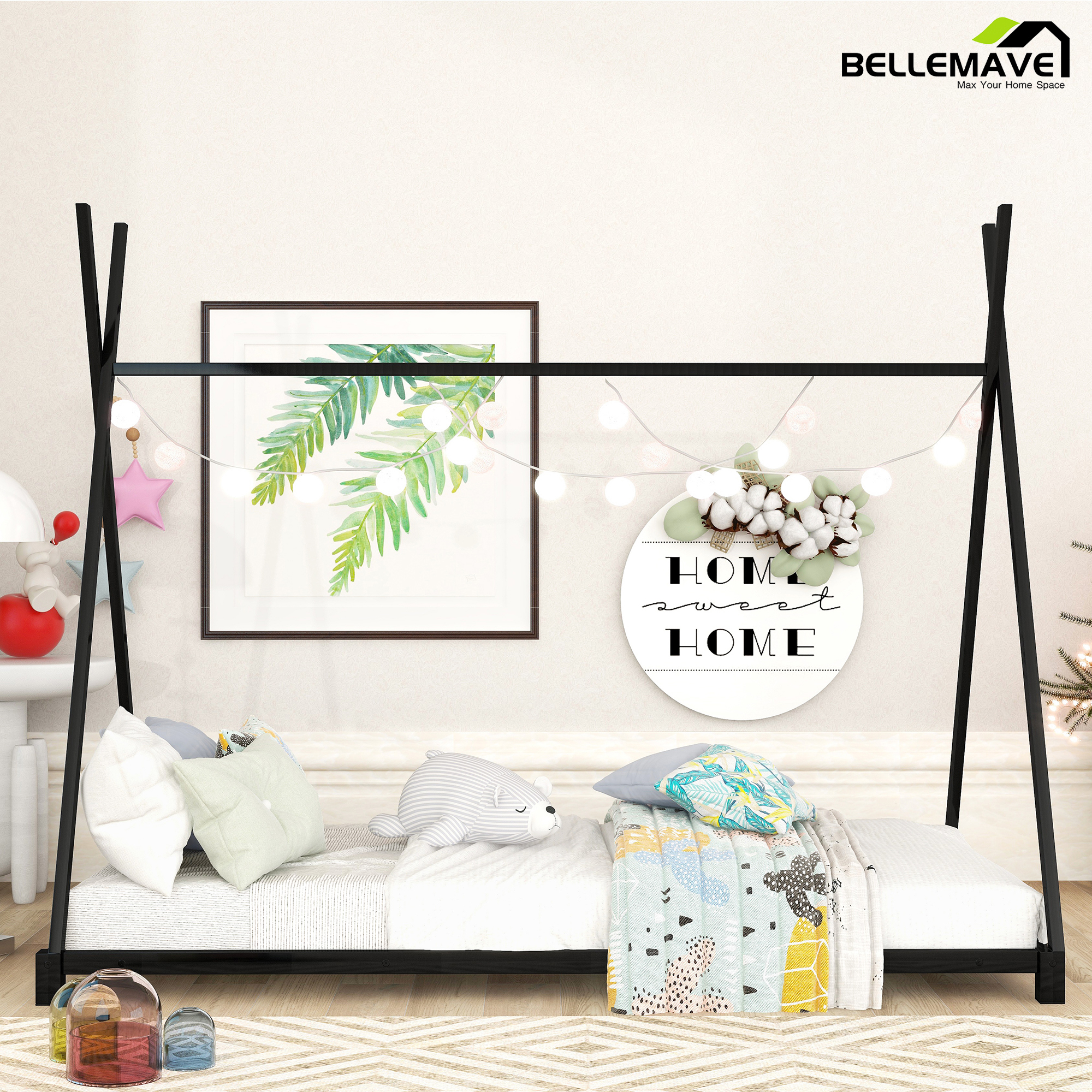 Bellemave Twin Size Montessori Floor Bed Metal Tent Bed Frame with Triangle Structure and Slat Support House Bed Teepee Bed Frame, No Box Spring Needed, Black