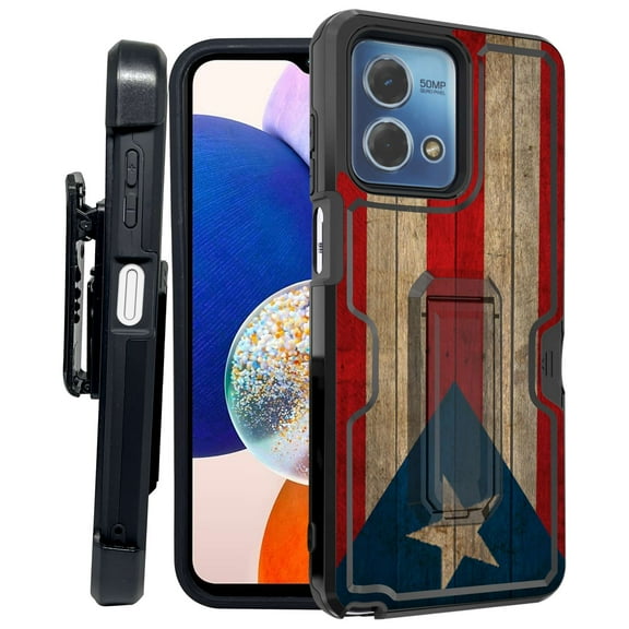 ANJ  Rugged Shockproof Kickstand Hybrid Case with Card Slot and Holster   Tempered Glass Cover for Motorola Moto G Stylus 5G (2023) - Puerto Rico Flag on Wood