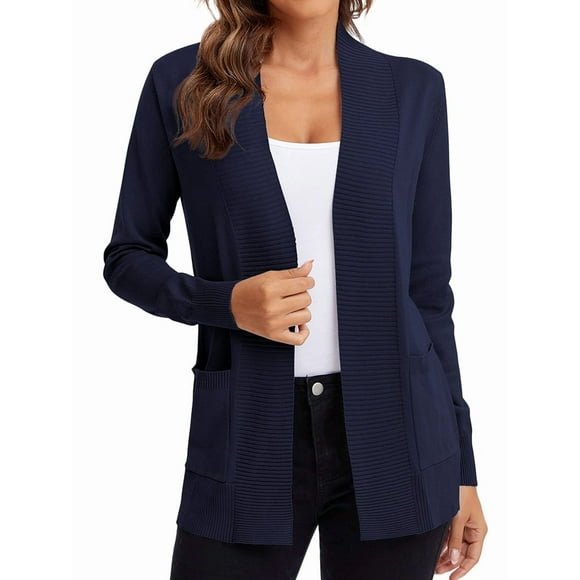 Women'S Open Front Knit Cardigan Sweater Long Sleeve with Pocket Navy Blue L