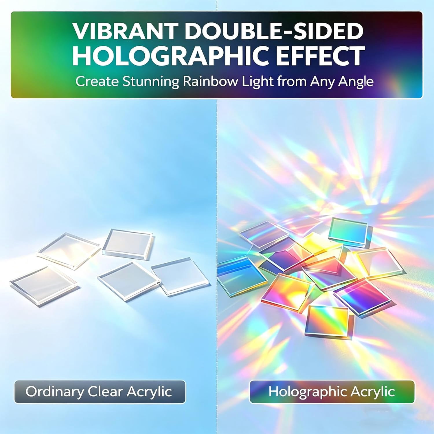 100-Pack Rainbow Holographic Acrylic Tiles 3/4" x 3/4" x 1/8" for Mosaic Art, DIY Crafts, Resin Jewelry, Light & Shadow Decor, 3mm Thick, Double-Sided Iridescent Plexiglass Squares (100Pcs,1.18*1.18)