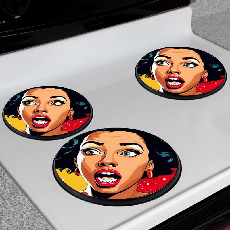 BaHomeck Electric Stove Burner Covers Set of 4,Round Metal Gas Stove Burner Covers 8 Inch and 10 Inch,Kitchen Decor,Beautiful Black Woman With Shocked Expression On Face