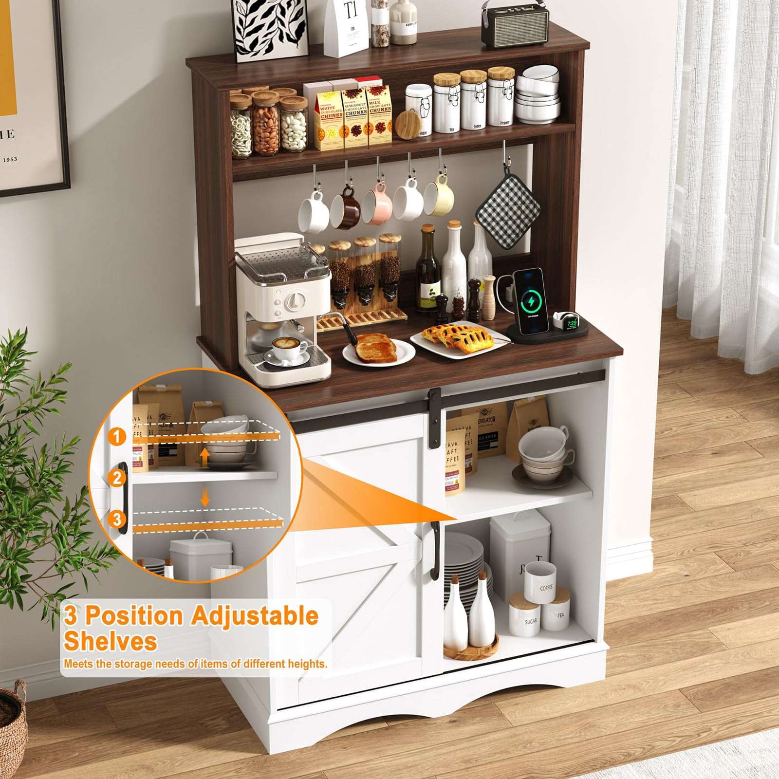 ChVans 55.1" H Farmhouse Coffee Bar Cabinet with Storage Hutch, Kitchen Wood Coffee Bar Station with Charging Station & 6 Hooks & Adjustable Shelf and Sliding Barn Door for Kitchen, Living Room