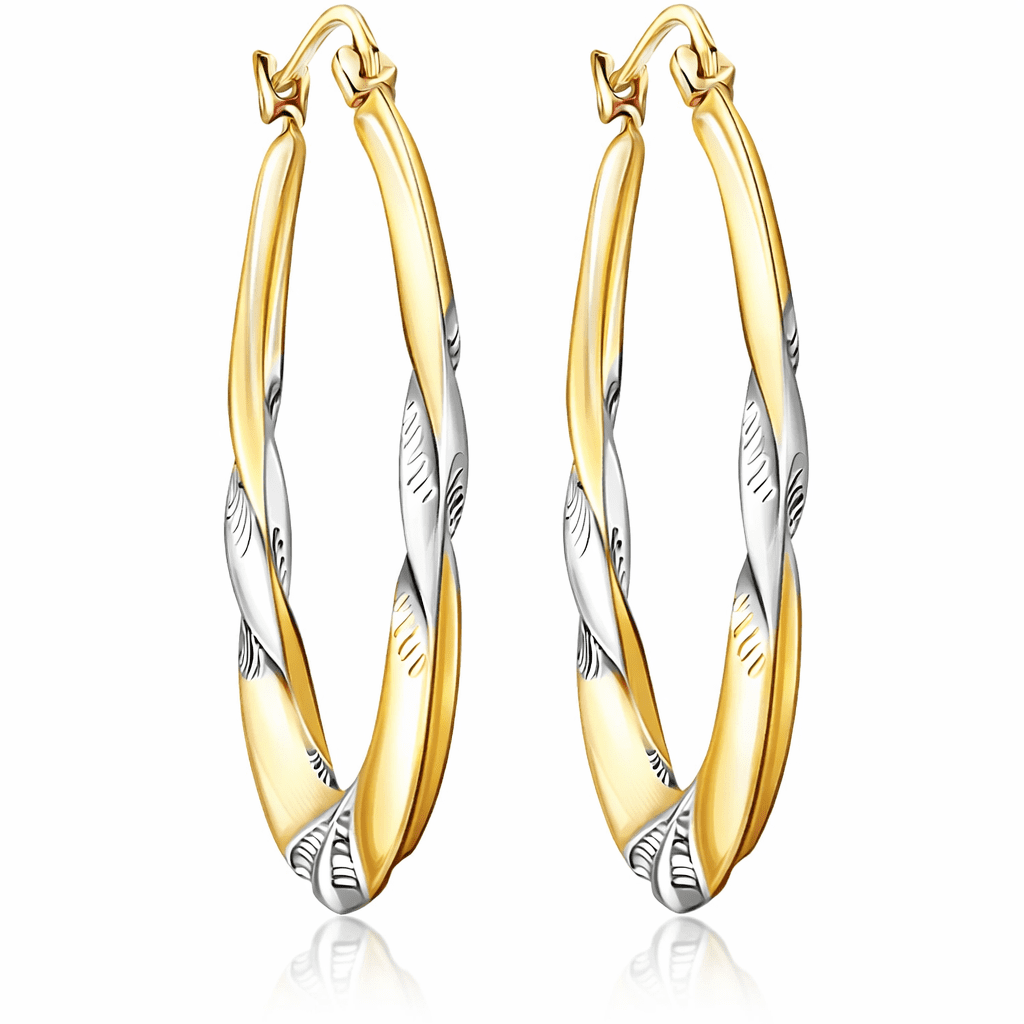 PORI JEWELERS 14K Solid Gold Two-Tone Diamond-Cut Satin Round Hoop Earrings for Adults, 2x25mm
