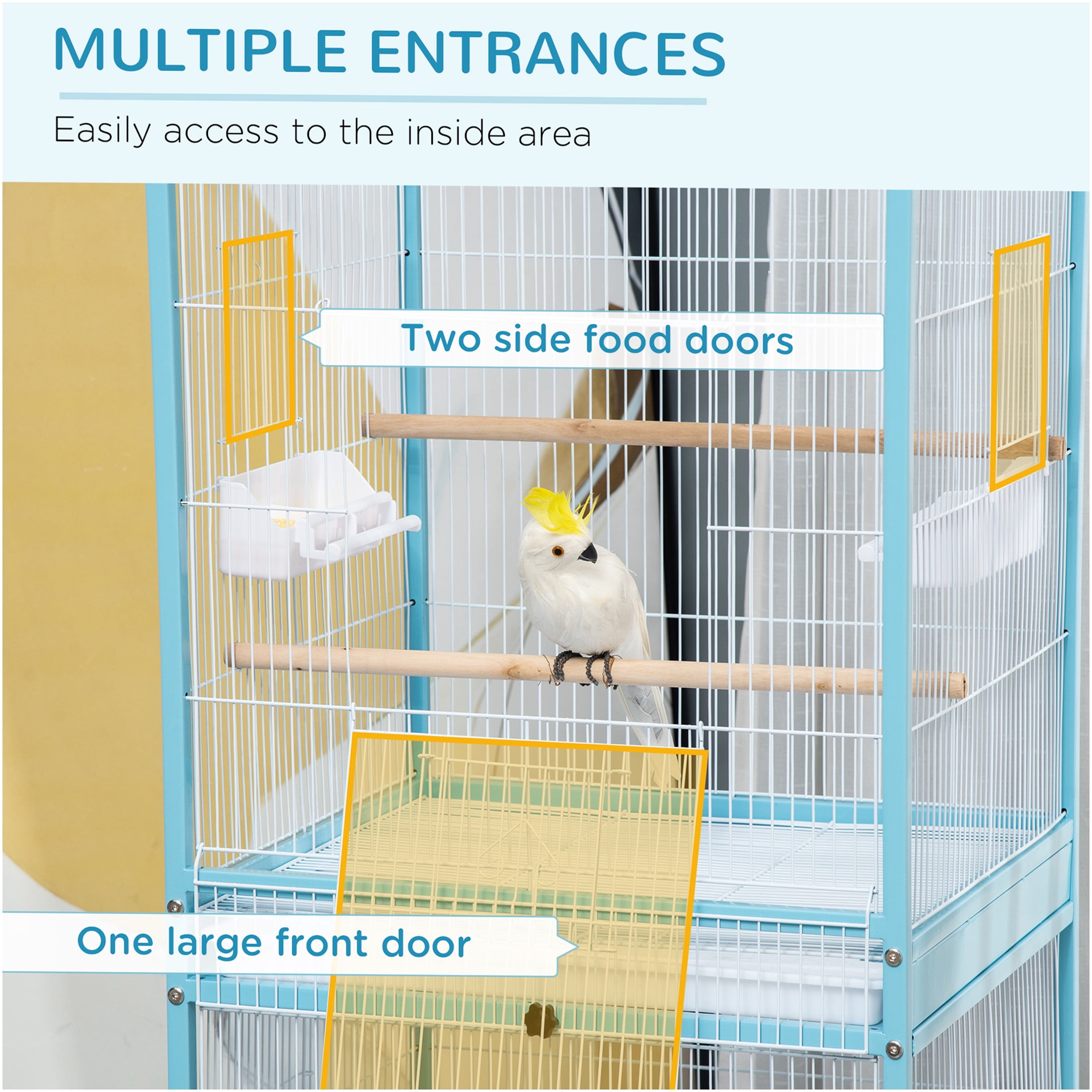 JERFIT 55" Light Blue Large Bird Cage for Conures, Finches & Canaries, Wide 20.5" Flight Aviary with 4 Doors, Wheels & Removable Tray