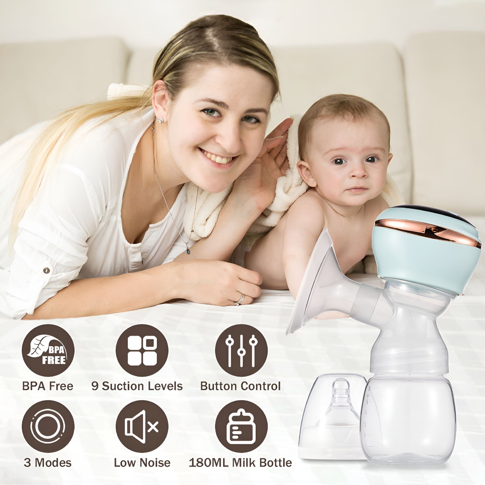XIRQI Electric Breast Pump with 180ml Bottle, Wearable Pumping Bra Compatible, 3 Modes 9 Suction Levels, Quiet Rechargeable Breastfeeding Pump for Home Office Travel