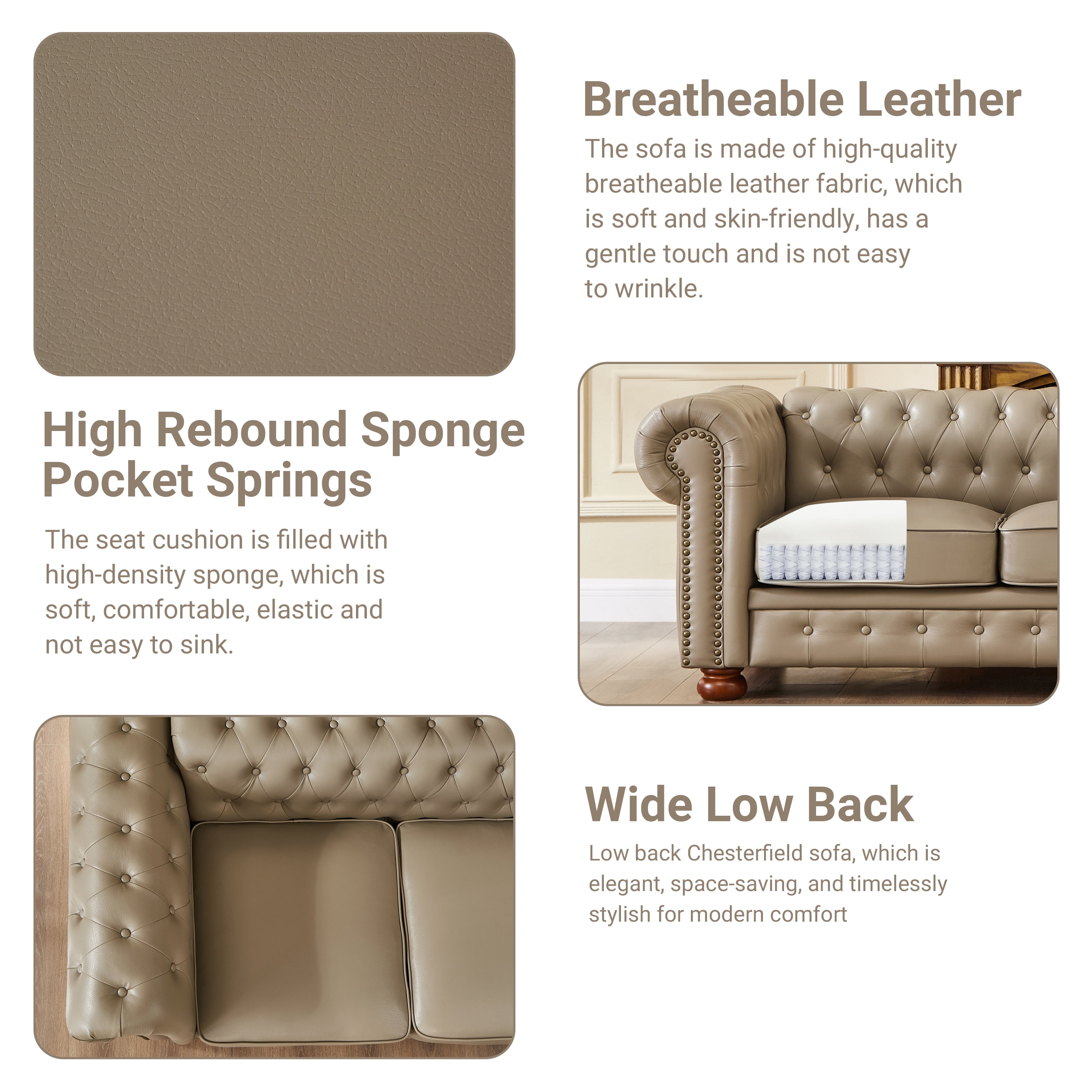 Noodeniya Chesterfield Sofa with Rolled Arms, Upholstered Sofa Padded Seat, Button Tufted Sofa with Nailhead Trim and Backrest, Faux Leather Couch, Khaki