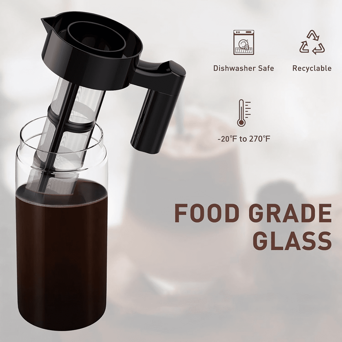 Cold Brew Coffee Maker, 40 Oz Iced Pitcher with Mesh Filter, Glass Ice Making Jug for Fridge Black