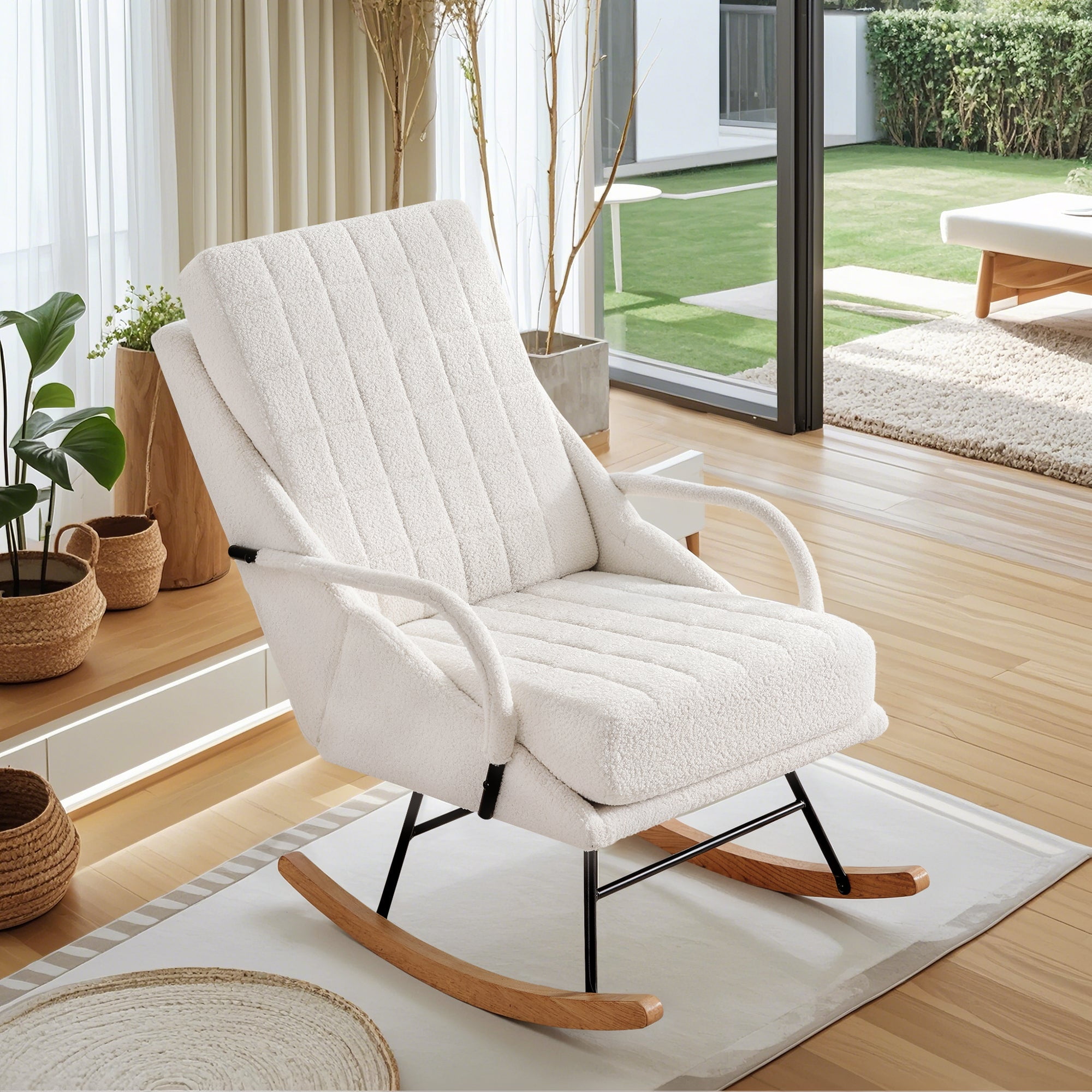 VECELO Nursery Rocking Chair with High Backrest, Teddy Upholstered Comfortable Rocker with Padded Seat for Living Room, Bedroom, White